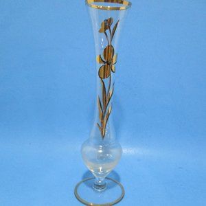 *RETRO Tapered Gold Leaf Trim and Floral Design Bud Vase with Bulb Pedestal Base